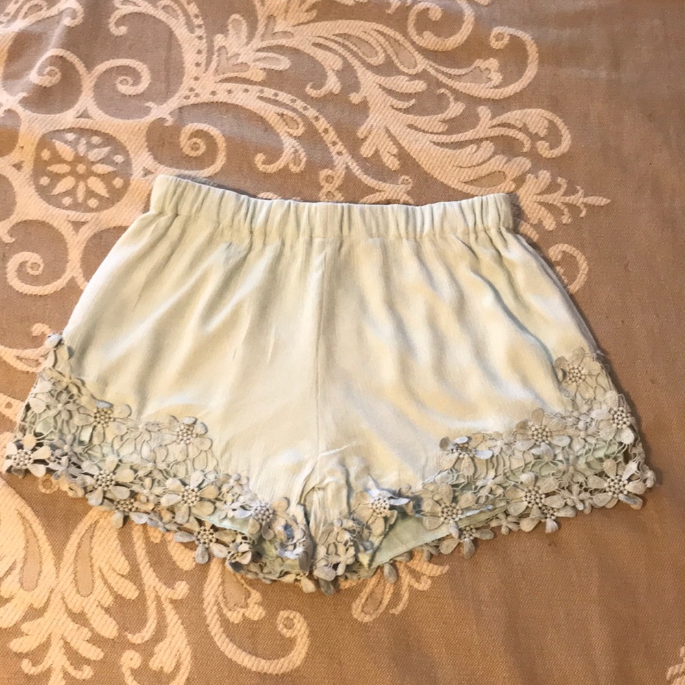 Blue green lace trim shorts